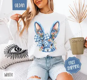 Blue Floral Bunny Sweatshirt, Easter Crewneck, Trendy Bunny Women's Sweater, Gift for Her
