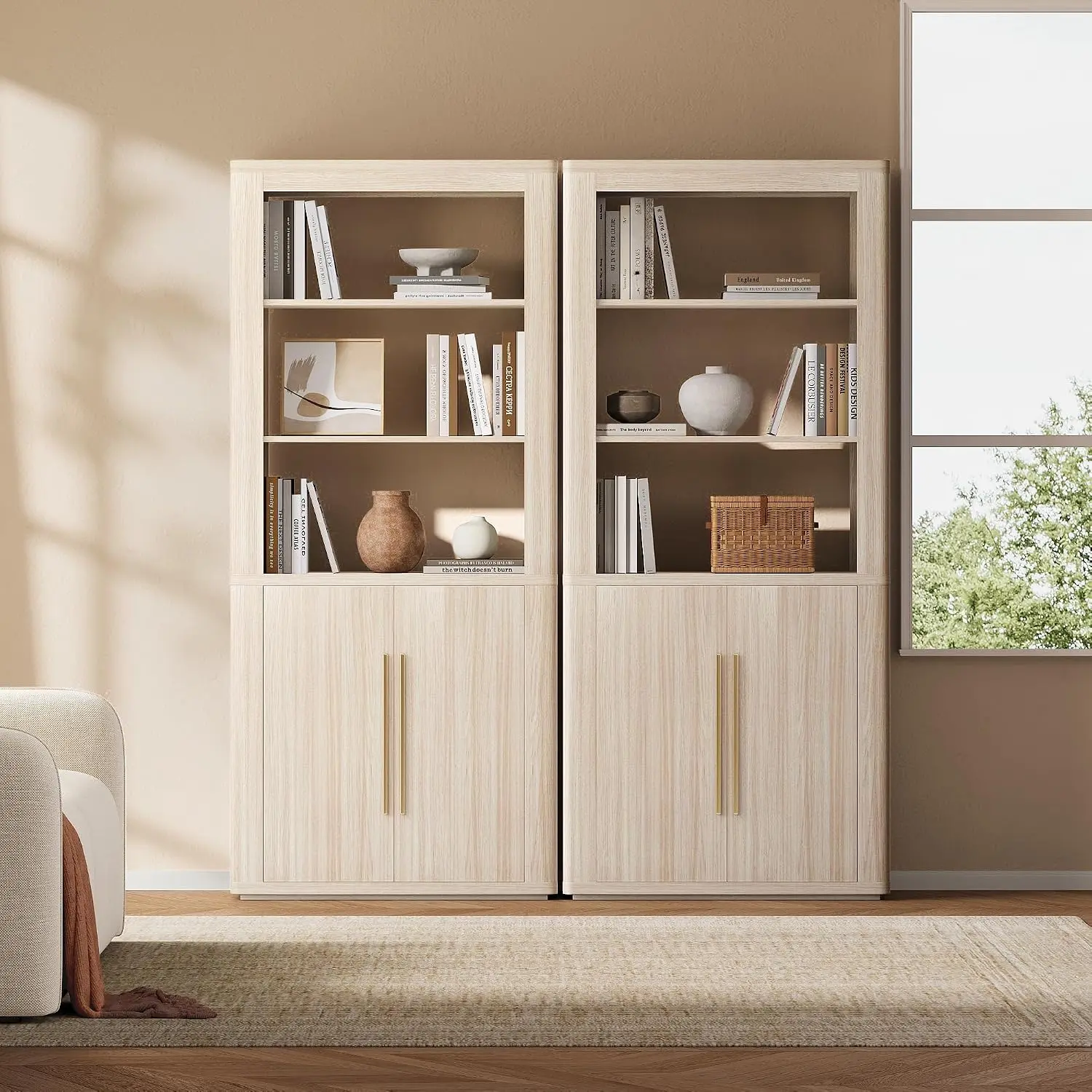 ModernMate Contemporary 2-Piece Indoor Bookshelf Set - 71" Tall Wood 5-Tier Stable Bookshelf with Cabinets, Adjustable Shelves, Doors, 110lb Capacity, 1.5 Hrs DIY Assembly, Compact Design for Home Library, Office [2 Packages Shipping], Book Nook, Storage,