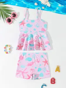 Teen Girls Summer Beachwear Set, Shell Ocean Animal Print Thin Strap Ruffle Hem Sleeveless Crop Top & Shorts, Vacation Style Swimsuit, Swimwear Set