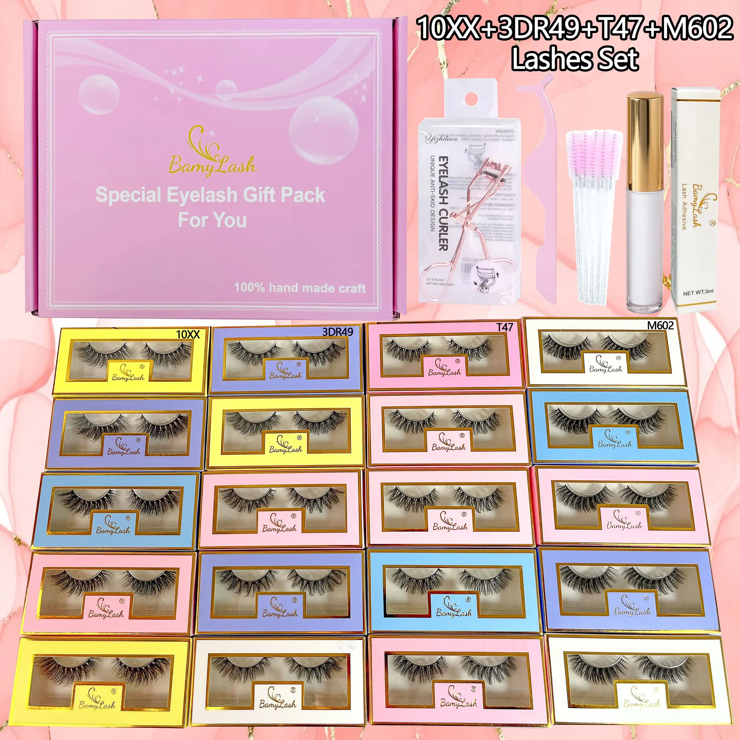 20 Pairs Strip Synthetic Eyelashes with Glue Tweezer Curler and Lash Brushes Pack, Fake Lashes Eyelashes Set, 4 Different Styles, Fluffy, regular, Realistic and Russian DD curly style lashes with Gift Box