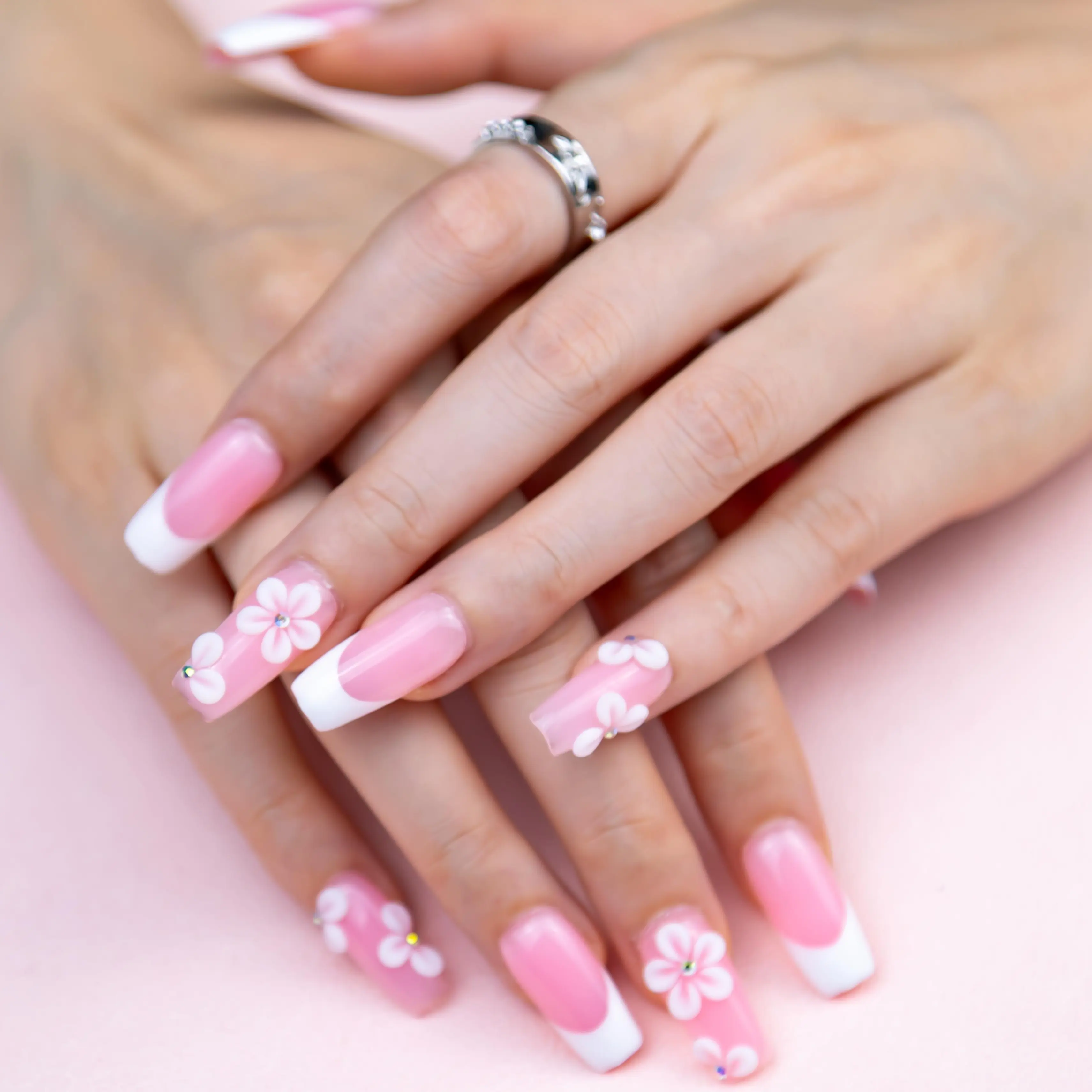 Handmade Press On Nails with 3D Flowers & Sparkly Rhinestone, Reusable Long Coffin Shape Fake Nails, Glossy Soft Pink Salon Quality Manicure Kit, 10 PCS, Nail Tips Art