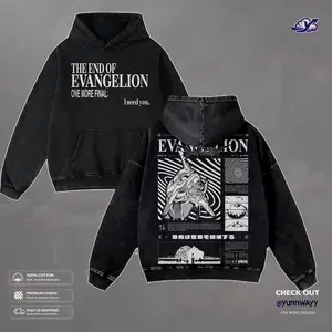 The end of Neon Genesis Evangelion Anime Hoodie with 2-sided Graphic, Vintage Washed Streetwear T-Shirt, Heavyweight Cotton Loose-Fit Unisex Shirts, Guys Gifts for Anime Fans Summer long sleeve Mens Clothing