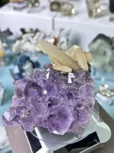 Brazilian amethyst cluster and calcite symbiosis, unique single product brings lucky energy, high collection value, uncolored, resin-free, rich warm color