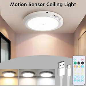 Rechargeable Ceiling Light 1-Pack 2-Pack, 3 Color Modes, Motion Sensor with Remote, Wireless Battery-Operated Magnetic LED Lights for Shower, Closet, Pantry, Shed, Hallway, Porch, Garage