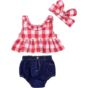 Baby Girls Plaid Ruffle Bowknot Tank Top+Denim Shorts Outfit with Headband