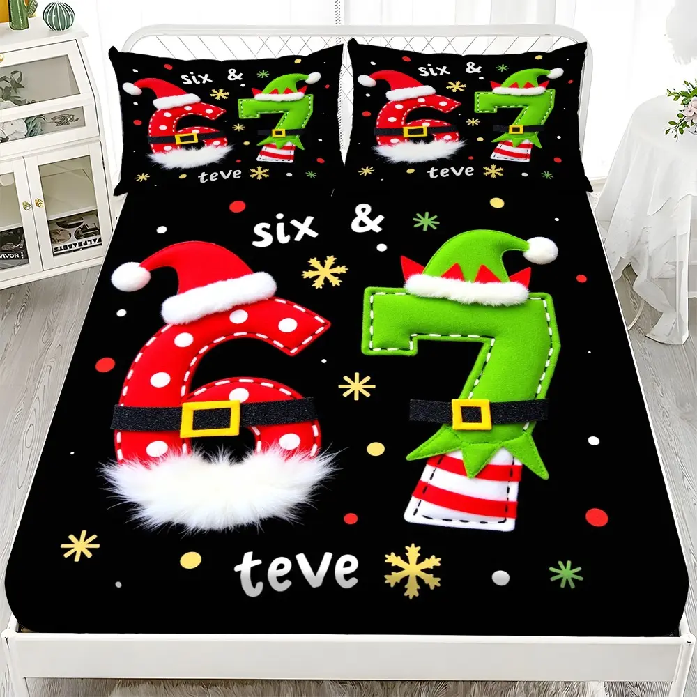 Bed Sheet Set - 3PCS 2D Flat Christmas 67 Number Pattern Mattress Protector Set (1*Fitted Sheet + 2*Pillowcases, no filling), Stylish, Soft and Comfortable Bedding, Skin-friendly and Breathable Bed Linen, Suitable for Bedroom and Guest Room Use