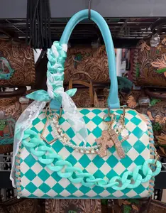 Countryside Co turquoise & white checkered speedy bag- Medium