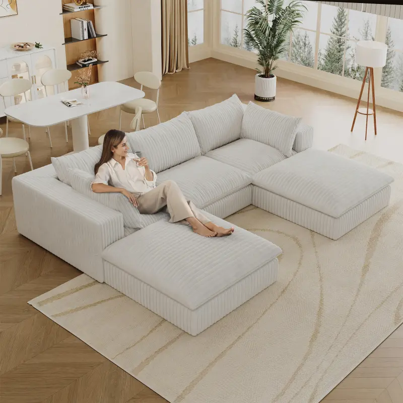 118" Corduroy Modular Sectional Sofa Couch, Oversized 3-Seater Cloud Boneless Couches with Removable Cushion & 2 Ottoman, No Assembly Required, U Shape Deep-Seat Fluffy Couches for Living Room, Compression, Free Combination, Throw Pillow, Luxurious