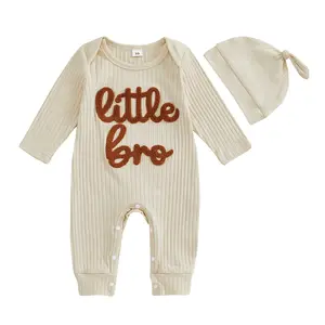 Baby Boy SPring Fall Winter Clothes Outfits Newborn Infant Little Dude Romper Letter Embroidery Ribbed Long Sleeve Crew Neck Jumpsuit with Hat Gift Coming Home Outfits