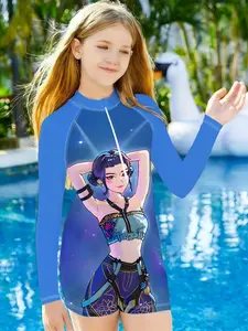 Girls Kpop Demon Hunters Cute Blue Long Sleeve Swimsuit Swimwear Outfits for Beach & Pool, Slim-Fitting All over Print Surfing Bodysuit