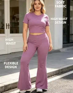 Women's High Waisted Yoga Pants & Crop Top Set - Mocha Brown - Four-Way Stretch - Moisture Wicking - Athleisure Style - Gym & Outdoor Training - Summer Sportswear - Basic Minimalist Design