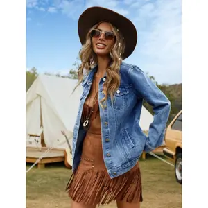 Western Style Denim Jacket Coat, Light Blue Vintage Look, Sleeveless Fitted Design, Casual Spring & Fall Wear, Camping Photography