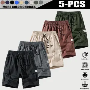 Men’s 3-pack and 5-pack casual quick-dry cargo shorts, loose straight-leg shorts with multiple pockets and an elastic waistband that can be adjusted with a drawstring; comfortable, breathable casual shorts suitable for home leisure, everyday wear, and out