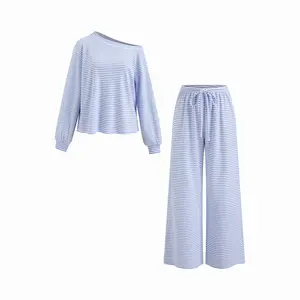 Cider [size 2-10] Cotton-blend Asymmetrical Neck Striped Oversized Top & Mid Rise Drawstring Trousers Loungewear Set