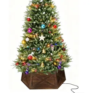 [2025 New] Natural Wood Christmas Tree Stand for Real up to 7.5ft, Tree Base Cover with Easy Installation, Home Christmas Decoration (Dark Brown, D-27 Inch)