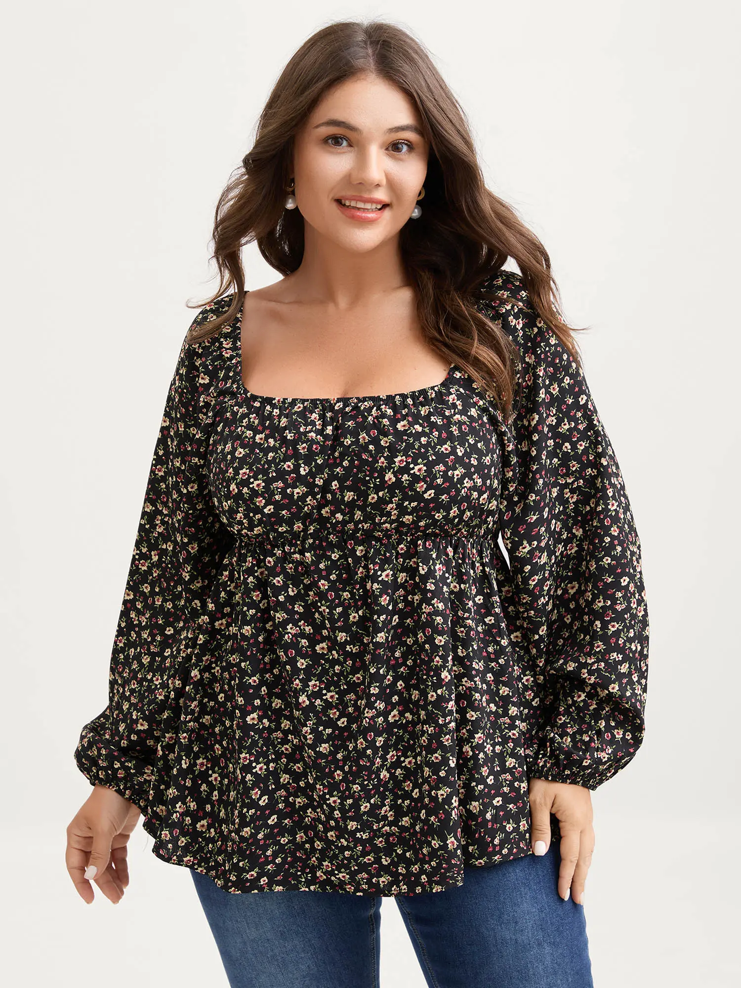 BloomChic Women's Plus Size Fitted Ditsy Floral Polyester Blouse-Shirts - Square Neck, Neck-Lengthening, Shirred Bodice, Long Puff Sleeves, Turn-Up Cuffs, Affordable Modest Fashion, Office Ootd Ideas, 2026 Summer Tops [M-6X] Black Curvy Office Womenswear,
