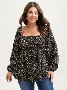 【Summer Turn-Up】【Neck-Lengthening】BlOOMCHIC Plus Size Floral Print Shirred Bodice Puff Sleeve Blouse - Ditsy Floral Pattern Long Sleeve Square Neck Top Casual Shirts office fall clothing [M-6X] 2026 Summer Pick for Mother's Day