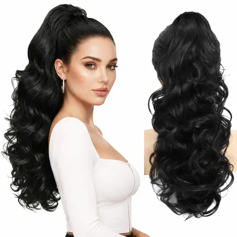 Women's 24in Glueless Claw Clip Black Natural Fake Ponytail Extension - Soft Synthetic Hair, Curly Wave Clip-in, for Daily Commuting, Cosplay Ponytail Hairstyles
