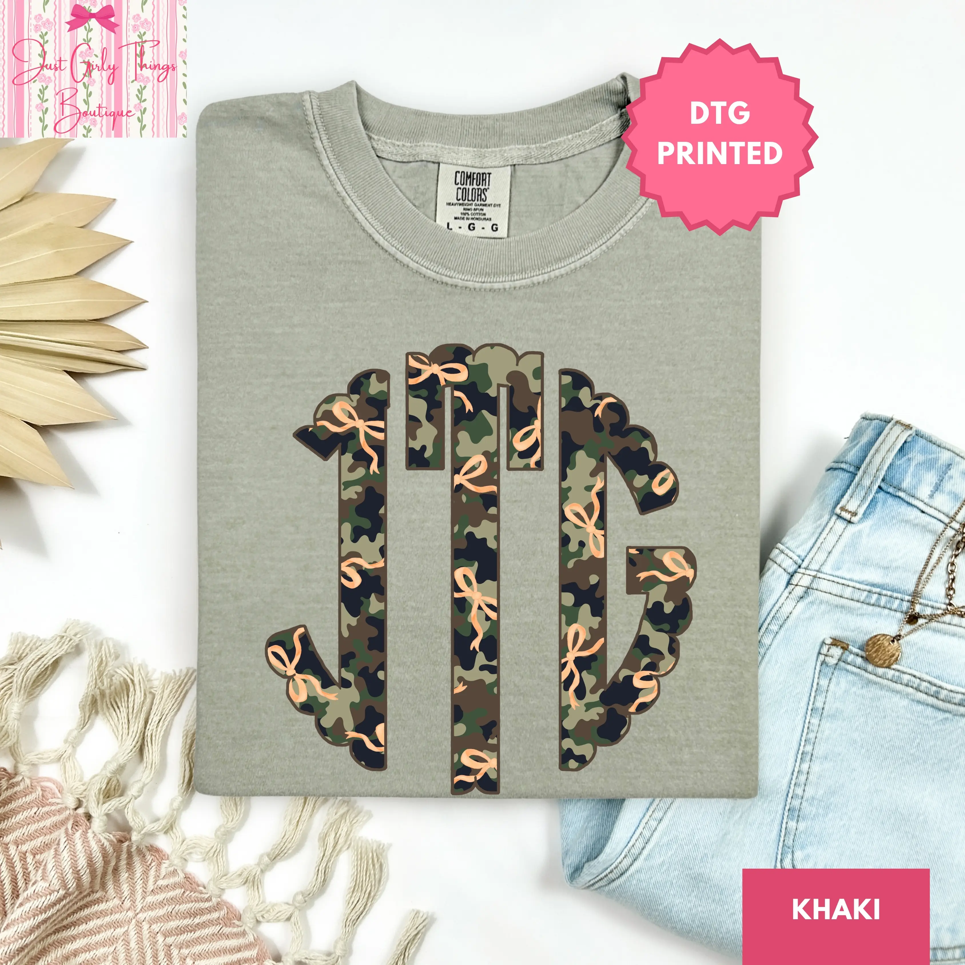 Custom Coquette Camo Monogram Shirt ~ (Leave First Name Initial, Last Name Initial, Middle Name Initial in Notes at Checkout), Coquette Bow Monogram Tee, Custom Name Shirt, Personalized Name Shirt, Custom Monogram Shirt, Camouflage Monogrammed Shirt