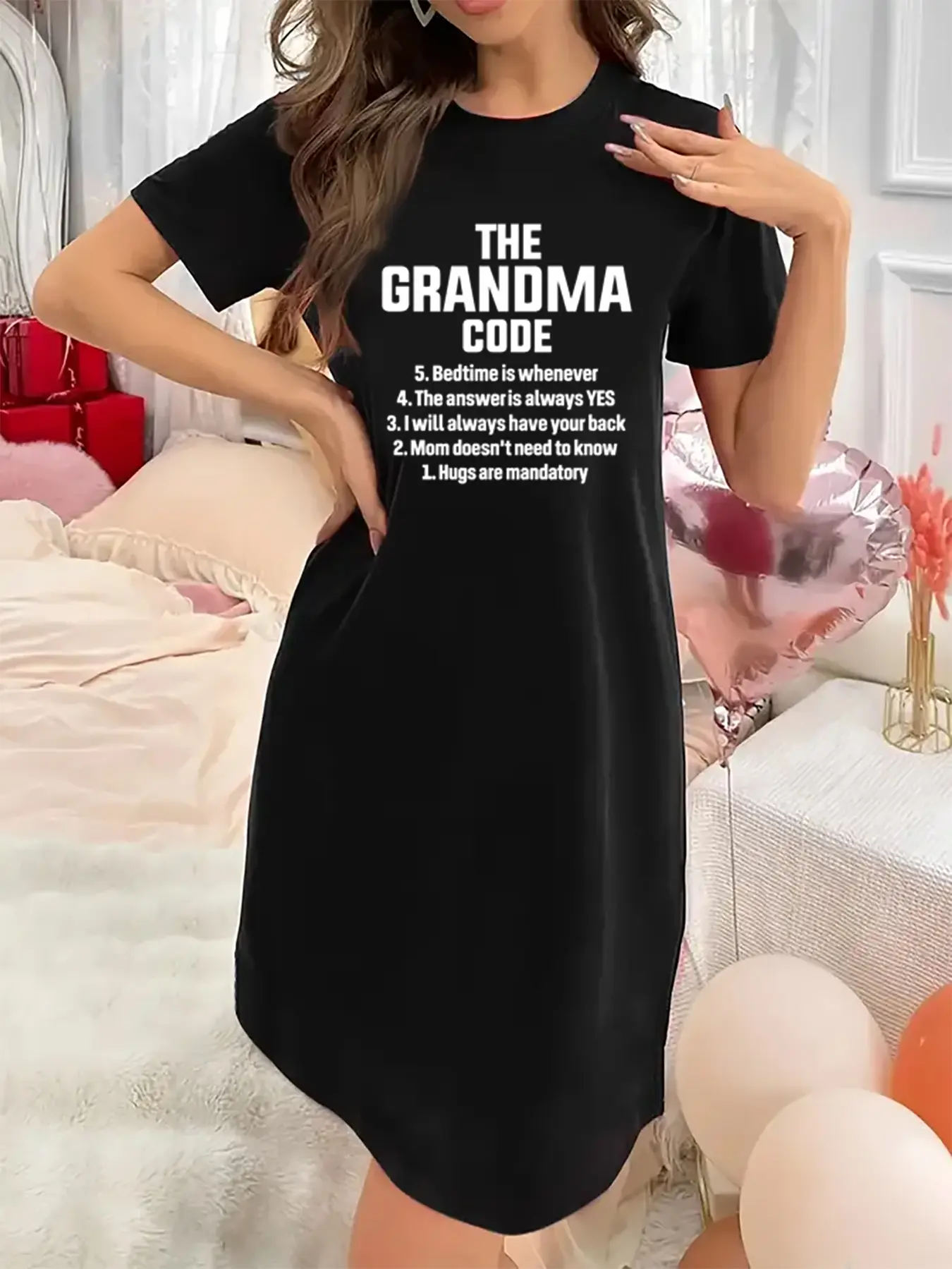 Soft & Slightly Stretchy Women's Nightgown Crew Neck Short Sleeve with The grandma code Print Sexy Elegant Youthful Perfect Gift for Christmas Mother's Day Valentine’s Day and New Year