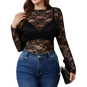 Women's Plus Size Floral Lace Mesh Long Sleeve Sheer See Through Crop Top Sexy Blouse Rave Festival Shirts Womenswear Crewneck Skinny Slim cute summer outfit women's summer outfits flowy tops Apricot Basic Minimalist Short