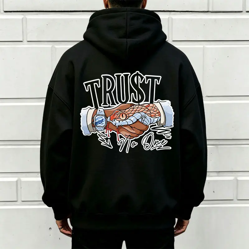 TRUST NO ONE Snake Handshake Double-Sided Print Hoodie Sweatshirt, Oversized American Street Graffiti High-Street Hooded Top