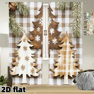 2D Flat 2Pcs Christmas Tree Buffalo Check Curtains, Rustic Farmhouse Pine Pattern, Rod Pocket Design, Semi Sunshade Polyester, Perfect for Living Room Bedroom Kitchen Window Treatment, Holiday Home Decor Gift, Privacy Protection