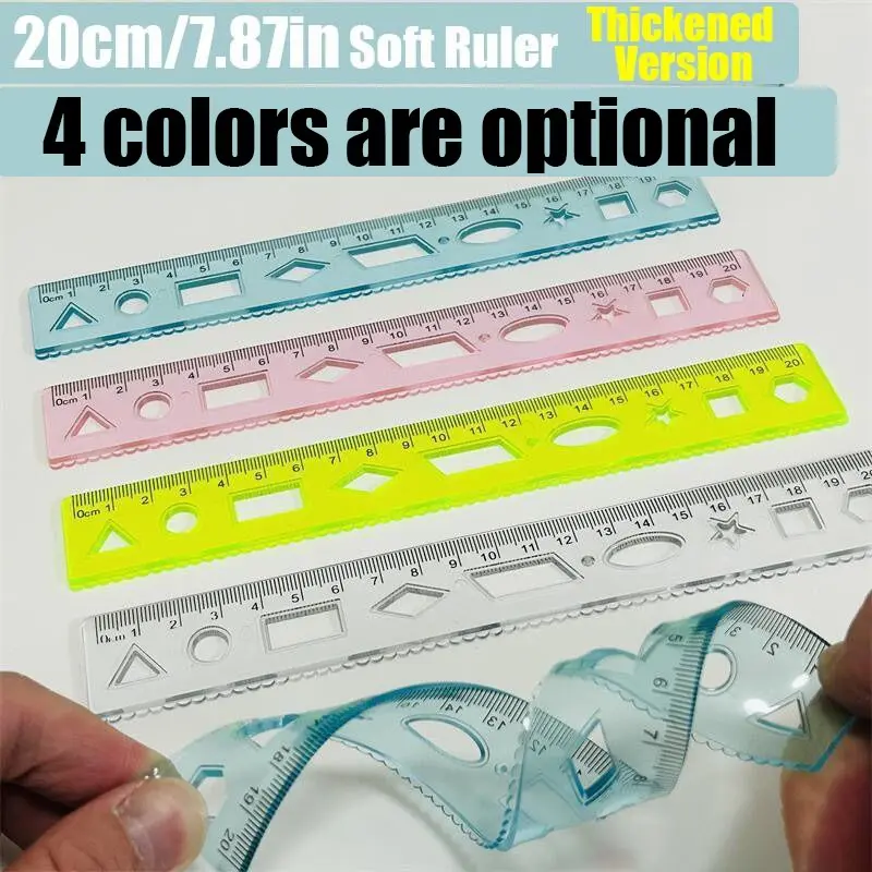 Thickened material, not easy to break 20cm/7.87in soft straight ruler, geometric drawing ruler, available in 4 colors, suitable for schools, offices, and other multiple scenarios