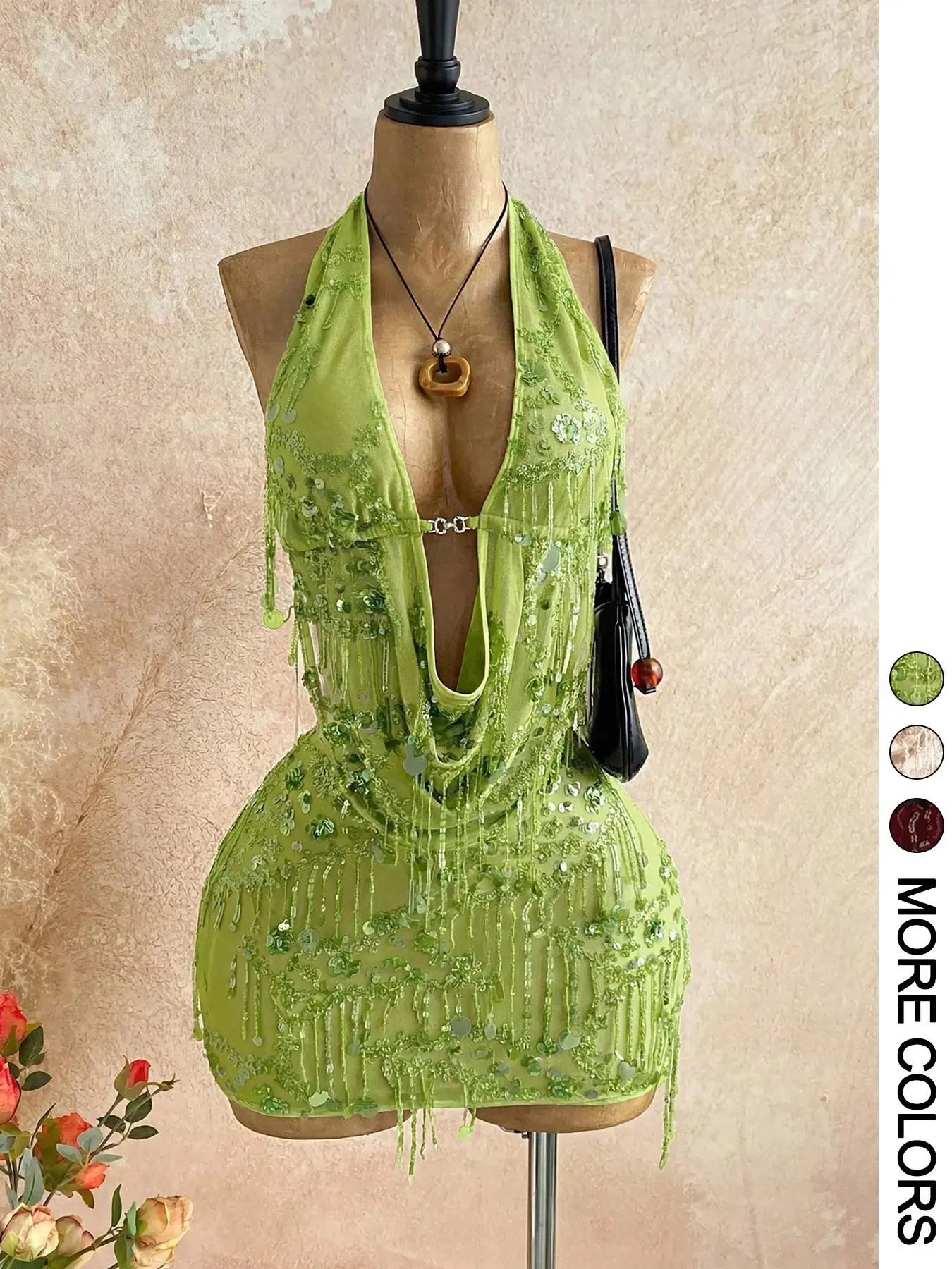 2 Halter Sleeveless Sequin Fringe Crop Top Mini Skirt Set Matching Two Piece Outfits for Women Mesh Sheer Y2K Party Nightclub Rave Wear