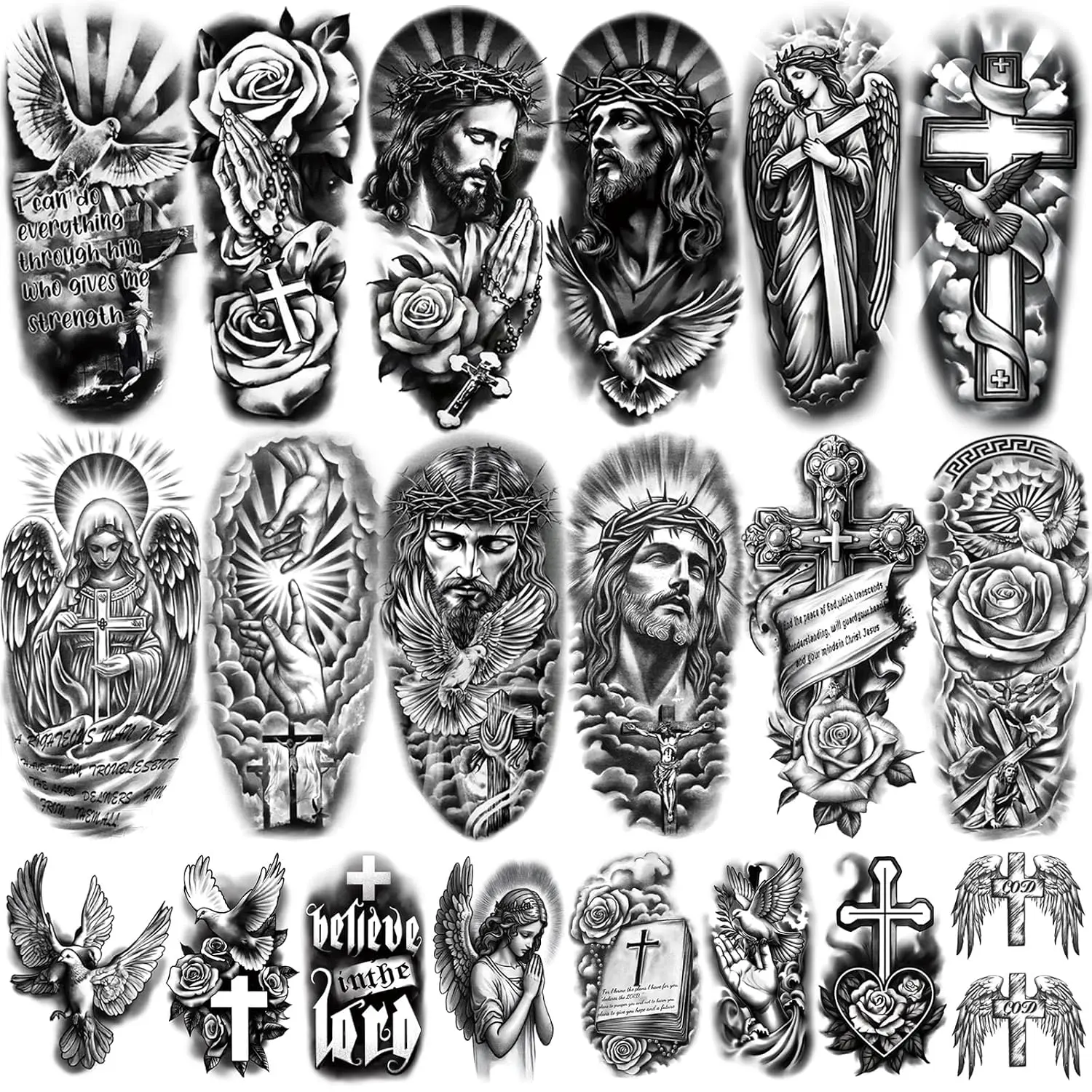 77 Sheets Christian Temporary Tattoo Adult, Religious Jesus Christ Cross Angels God Half Arm Fake Tattoos, Christ Catholic Realistic Tiny Body Temporary Tattoos for Men and Women Kids Water Proof