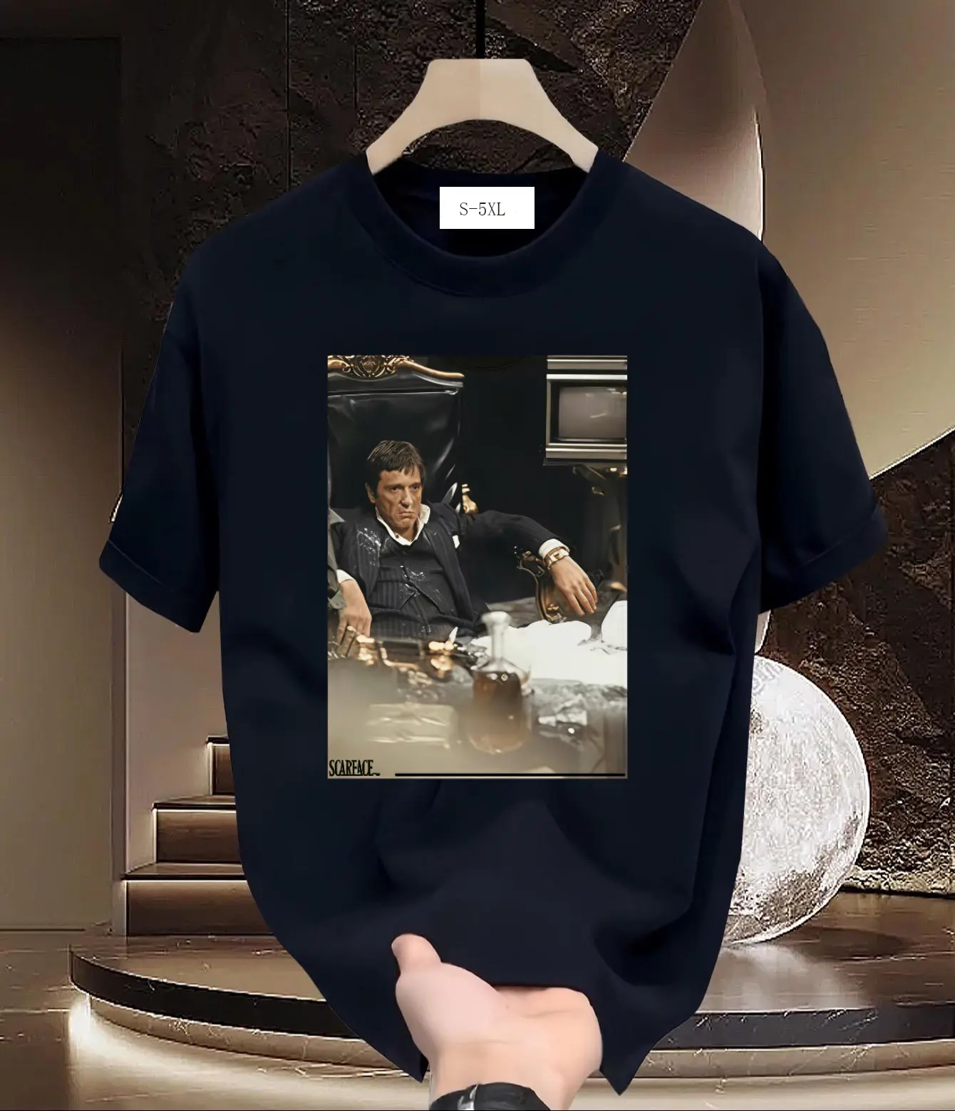 Men's Scarface Inspired Graphic T-Shirt - Short-Sleeve, Round Neck, Tony Montana Throne & Jewelry Print, Seamless Fabric, 3X Faster Sweat Absorption, Wrinkle-Free, Durable, Fitted, Summer Medium Length Streetwear Sports Top, Quick-Dry, Shortsleeve, Menswe