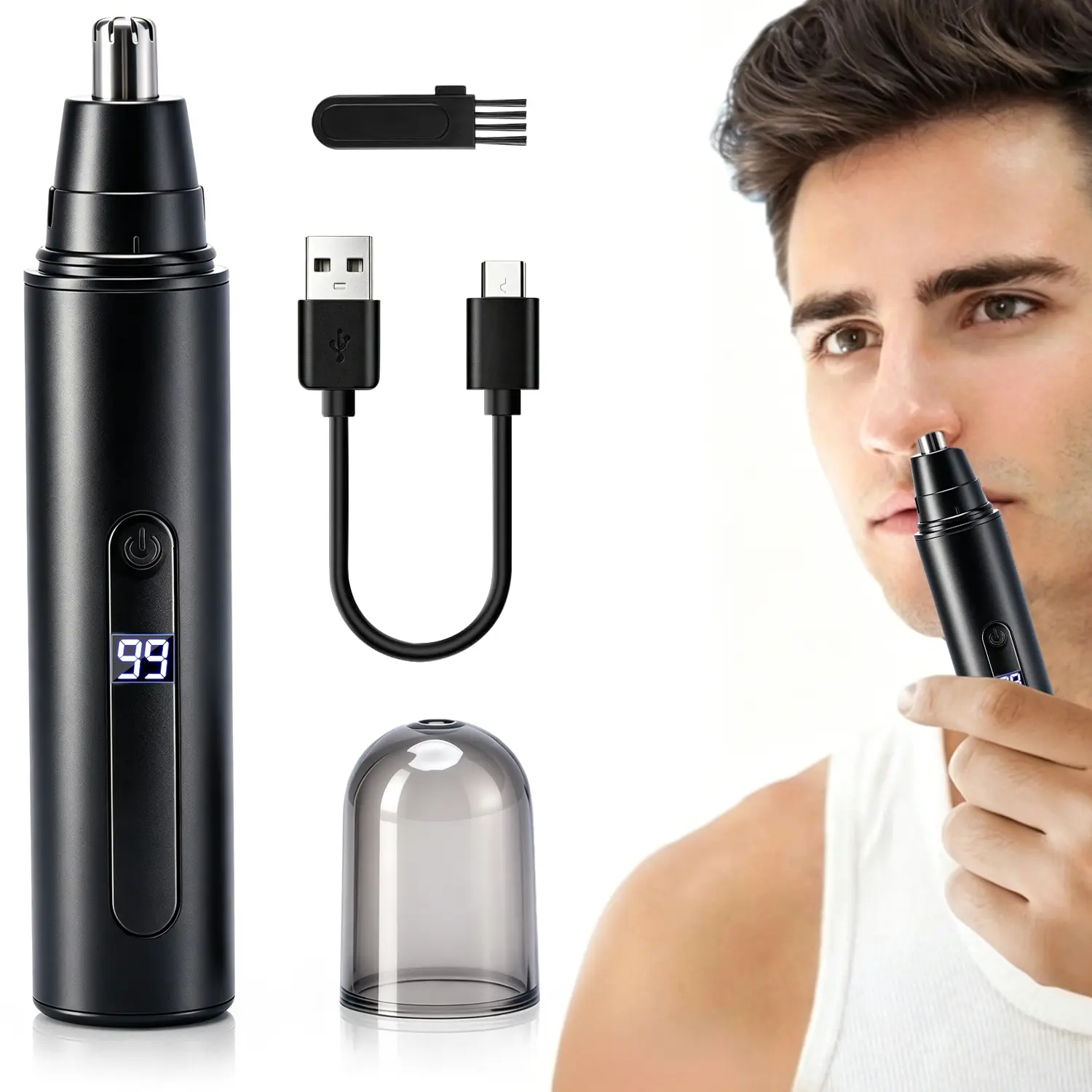 Rechargeable Nose Hair Trimmer for Men & Women - Painless Ear Eyebrow & Facial Hair Shaver with LED Display, Waterproof Design,  Compact & Portable