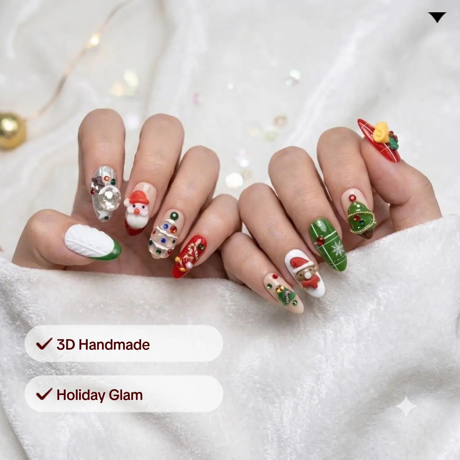 10-Piece Christmas-Themed Press-On Nails Set - 3D Handmade Fake Nails with Snowman, Candy Cane Designs for Holiday Glam, Festive Wear, Multiple Shapes (Long Coffin, Short Oval, Stiletto, Almond), 10 Pieces