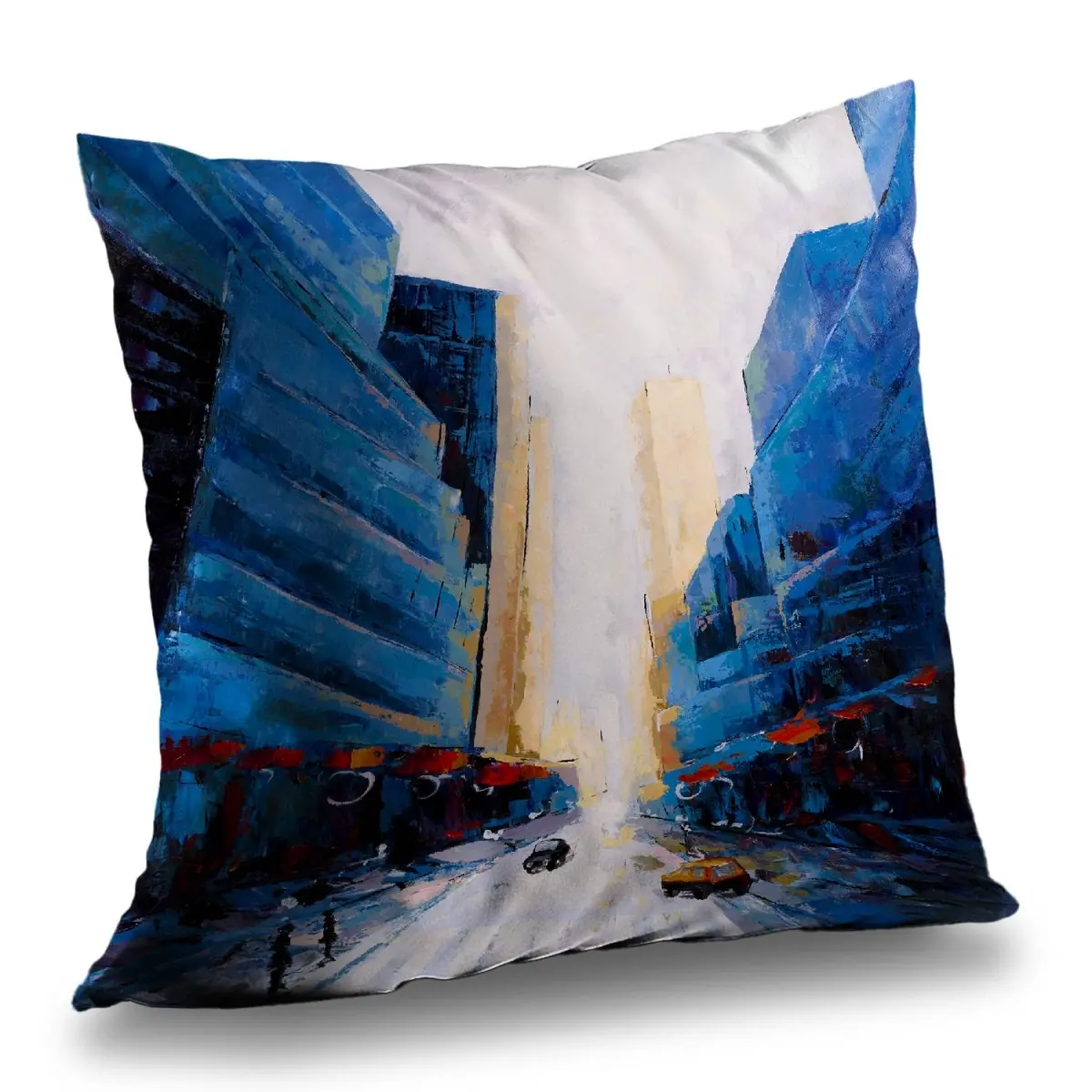 360 Stand 14x14 in. Poly Twill Weave Throw Pillow, Blue Asymmetrical Unique Urban Art with Vibrant Print of Yellow Street Scene Cityscape, Home Decor Accent for Textiles & Soft Furnishings, 14-Inch Standard Pillows, Art-Inspired Standard Pillows