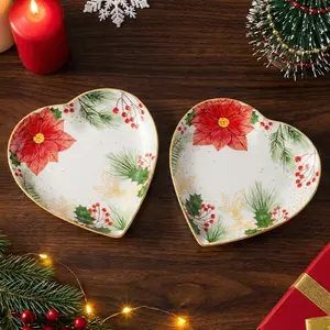 8 Inch Heart Shaped Christmas Ceramic Plates Set of 2 Dishwasher Safe Serving Trays for Appetizers, Cake, Candy Holiday Table Decor for Christmas Party & Festival Celebrations