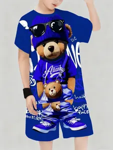 Boys Summer Cool Sunglasses Bear Print Short Sleeve Shorts Set, Street Style Casual Sports, Loose-Fitting Cartoon Pattern
