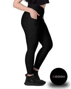 GOODII Black Crossover Leggings with Pockets - Minimalist Style, High-Waisted, All Seasons, UPF 50+, Soft & Stretchy Fabric, 1 Pocket on Each Side