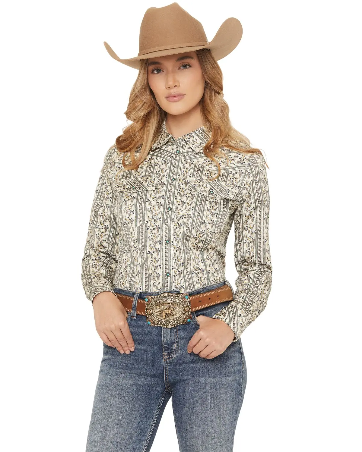 Shyanne Women's Women'S Paisley Wallpaper Print Long Sleeve Snap Stretch - Srfa25w16-Crm