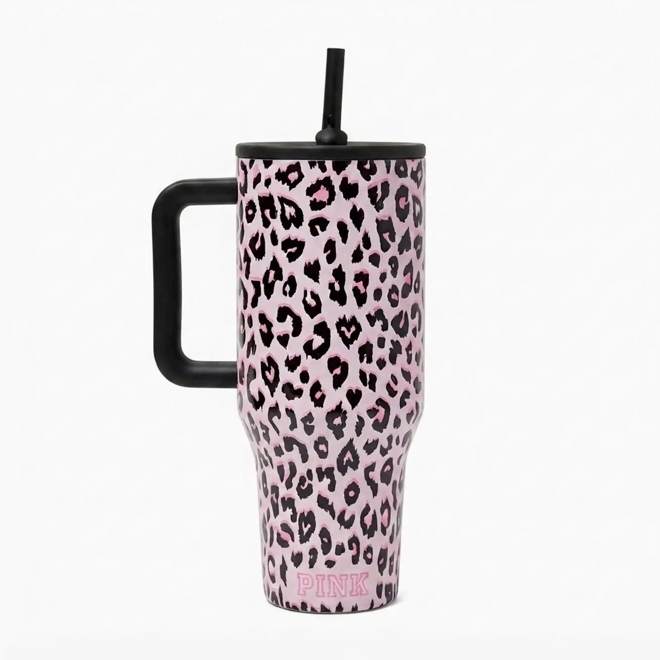 PINK x HydroJug 40oz Tumbler, Pink Leopard Print Insulated Cup with Handle and Straw Lid, Stainless Steel Travel Mug, Limited Edition Gift for Women
