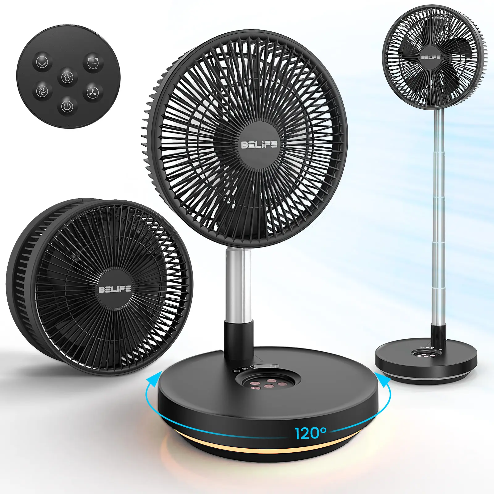 Belife X10 Portable Fan, Cordless Battery Powered Fan, USB Fan Rechargeable Oscillating Desk Floor Fan with Remote & Timer & Light Foldable for Home Bedroom Travel Camping, 7200mAh, 10inch (Black)