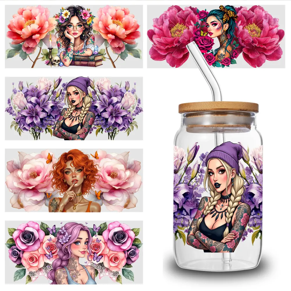 5-Sheet Floral UV DTF Stickers Pack - Glossy 4.3 in Waterproof Label, Weather Resistant Self-Adhesive 3D Crystal Wraps for 16oz Glass Mug/Water Bottle, Scratch-Proof Home Decor Household Items, Uv Dtf Wraps