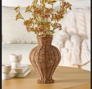 10 Inch Brown Woven Faux Rattan Indoor Vase for Home Decor - Basketweave Design Decorative Synthetic