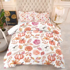 Autumn Pumpkin Floral Print Quilt, Fall Decor Gift for Kids Youth Adults Bedroom, Includes 1 Quilt & Pillowcases