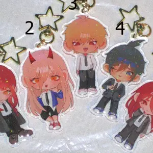 devil chibi keychains || 3” acrylic glitter epoxy keychains chainsaw boy, topknot, powy, angel devil, control devil