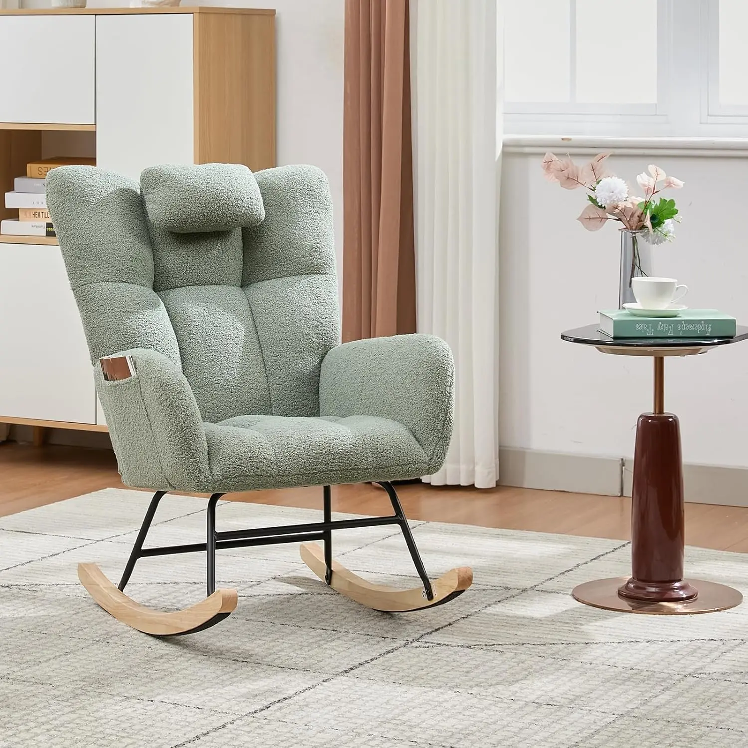 Nursery Glider Rocker, 300lb Capacity Teddy Upholstered Rocking Chair with Solid Wood Legs and Side Pockets, Ergonomic Mid Century Modern Accent Chair for Living Room Bedroom Nursery Relaxation & Baby Nursing
