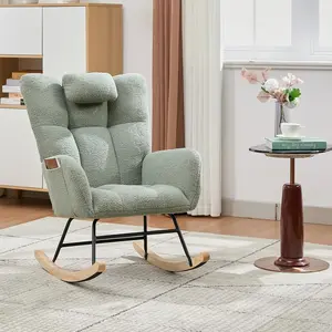 Nursery Glider Rocker, 300lb Capacity Teddy Upholstered Rocking Chair with Solid Wood Legs and Side Pockets, Ergonomic Mid Century Modern Accent Chair for Living Room Bedroom Nursery Relaxation & Baby Nursing