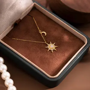 Opal Necklace Gold Star Moon Pendant Sustainable Recycled Metal Mid Century Jewelry Gift for Her