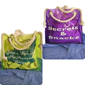 Colorful Transparent Tote Bag - "Secrets & Snacks" Design with Rope Handles - Unique Handmade Statements on Each Bags