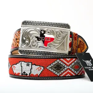 2 Inch Hand-Tooled Artesanal Beaded Leather Belt 2 Inch Hand-Tooled Artesanal Beaded Leather Belt
