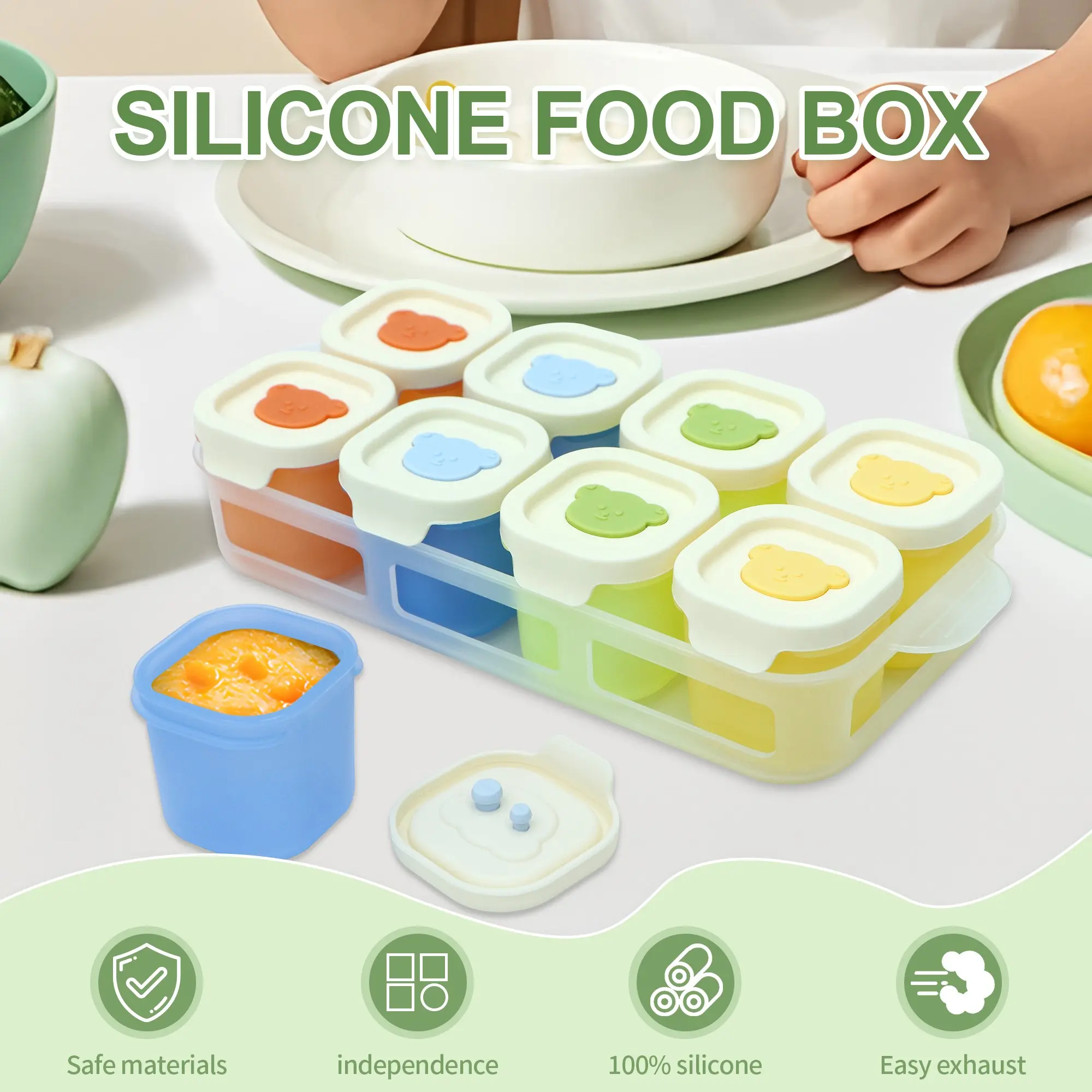 8pcs Silicone Kitchen Food Storage Containers with Lids-With tray, 1.69 oz Snack Containers for Kids-on Lid Design - Reusable Freezer Meal Prep Containers for Snacks, Purees & Nuts